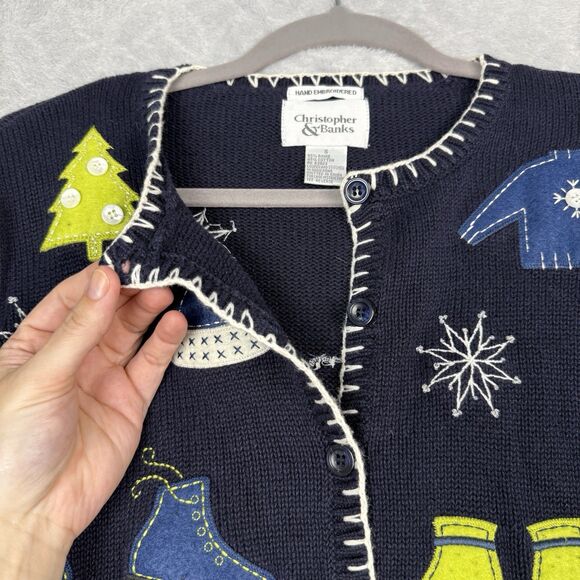 Vtg Holiday Cardigan Sweater Small Winter Christmas Hand Embroidered Grandmacore - Picture 3 of 12